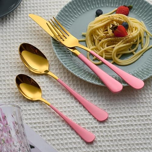 Lekoton 20 Piece Gold and Pink 18/0 Flatware Utensil Set for 4, Include Dinner Knife,Dinner Forks,Dinner Spoons,Salad Forks,Teaspoons,Silverware Set for 4, Dishwasher Safe thumbnail 9