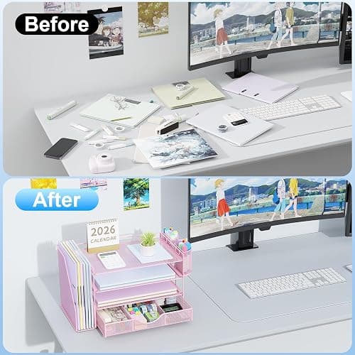 gianotter Desk Organizers and Accessories with File Holder, 4-Tier Desk Accessories & Workspace Organizers with Drawer and 2 Pen Holder, Paper Organizer for Office Supplies (Pink) thumbnail 4
