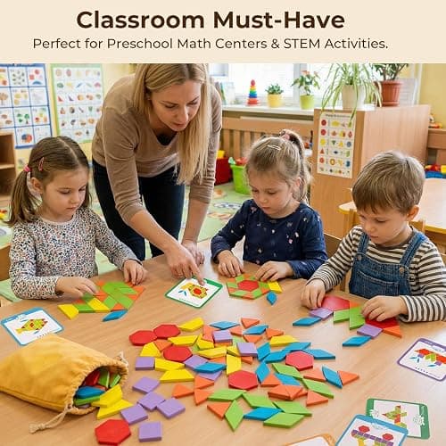 LovesTown 209 PCS Shapes Wooden Pattern Blocks for Kids | Geometric with Activity Cards, Storage Bag, Educational Tangram Puzzles, Great Learning Gift thumbnail 2
