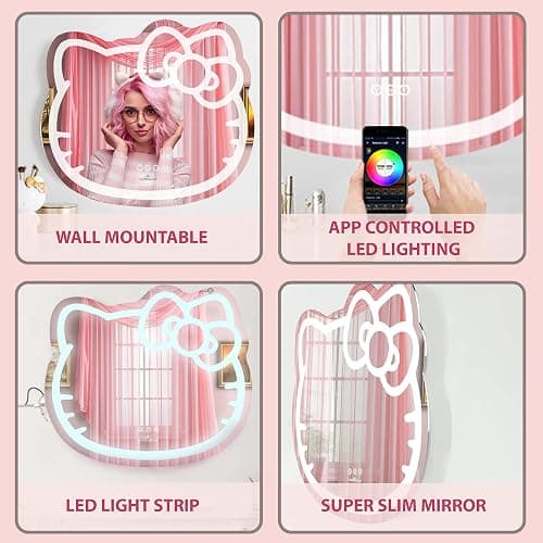 Impressions Vanity Hello Kitty Wall Mirror with Wi-Fi, Smart Touch Sensitive Makeup Vanity Mirror with App Controller and Color Changing Dimming LED Strip Light, Frameless Design thumbnail 6
