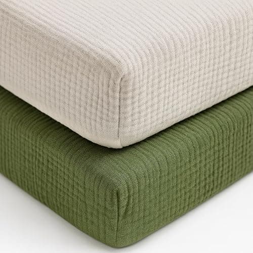 PET REJOIR Muslin Fitted Crib Sheets for Girls & Boys-2 Pack 28"x 52" Soft Baby Mattress Sheet-No Slip Boho Neutral Breathable Toddler Cotton Bedding Olive Green & Beige | Muslin, 2 Pack, 28"x 52", Soft, Boho Neutral, Breathable, Toddler Cotton Bedding, Olive Green & Beige - Image 1