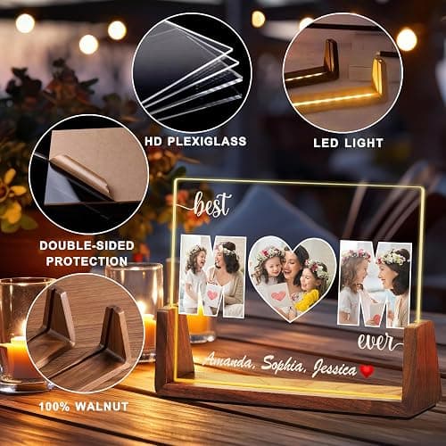 Personalized Mothers Day Birthday Gifts for Mom from Daughter Son Kids, Customized Acrylic Plaque LED Walnut Photos Frame with Night Light, Best Mom Ever Gifts for MAMA Wife Women thumbnail 4