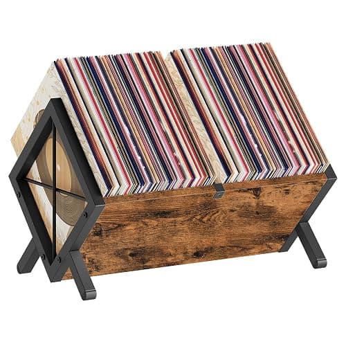 YATINEY Vinyl Record Holder, Record Storage Rack Holds 80-100 LP,Wooden and Metal Record Organizer, Quick Assembly Magazine Holder for CDs, Magazine, Albums, Rustic Brown and Black CJ06BR - Image 1