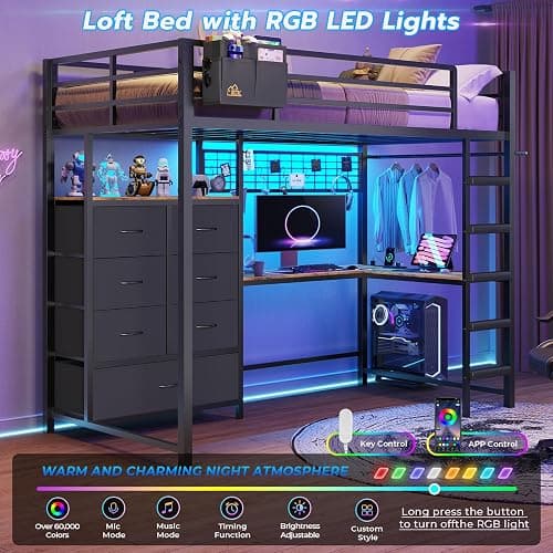 DICTAC Twin Loft Bed with L-Shaped Desk and 7 Storage Drawers,Metal Twin Size Loft Bed for Kids with LED Lights and Charging Station,13.11" H Safety Guardrail and Ladder,No Box Spring Needed, Black thumbnail 3