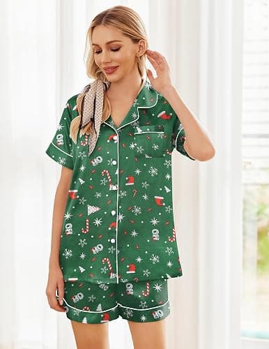 Ekouaer Womens Silk Satin Pajama Sets Soft Short Sleeve Button Down Sleepwear Top and Shorts 2 Piece Pjs Lounge Set S-XXL thumbnail 4