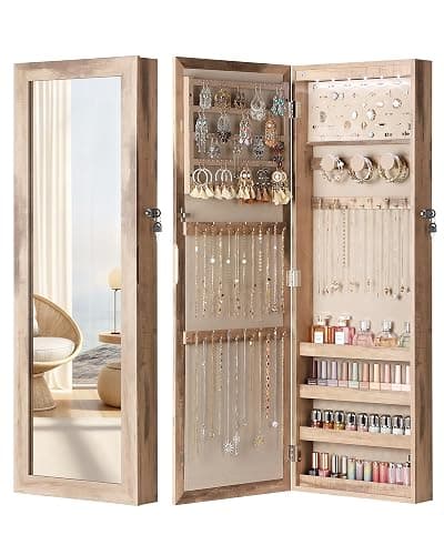 Nicetree 6 LEDs Mirror Jewelry Cabinet, Large Capacity Lockable Jewelry Armoire Organizer, Door or Wall Mounted Mirror with Jewelry Storage, Oak - Image 1