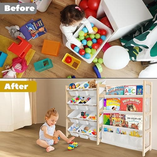 EXPERLAM Toy Storage Organizer with Bookshelf - 12 Storage Bins 4-Tier Multipurpose Shelf to Organize Toys and Books for Kids Room, Playroom, Nursery Room, White - White thumbnail 8