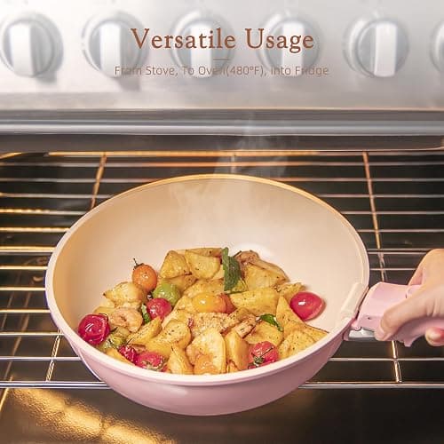 Astercook 21 Pcs Pots and Pans Non Stick Ceramic Cookware Set, Detachable Handles, RV Kitchen Cooking Set, Oven Safe, Induction Ready, Stackable, Pink thumbnail 5