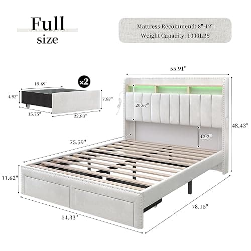 SIBEDS Full Bed Frame with 2-Tier Storage Headboard, Smart LED Beds with 2 Under Bed Storage Drawers, Linen Upholstered Platform Bedframe with Vertical Channel Tufted Wingback Rivet Decor, Natural thumbnail 2