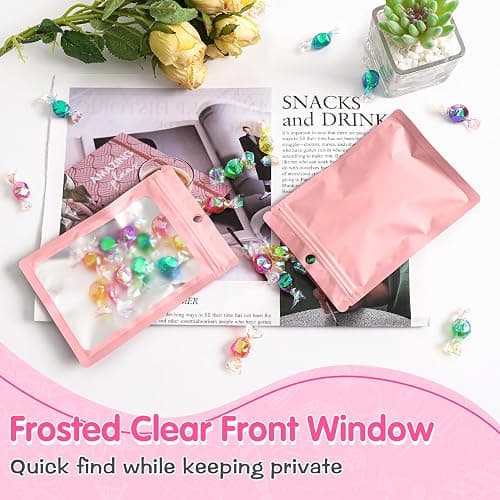 FUNFERY 100 Pack Mylar Resealable Bags Foil Packaging Bags with Frosted Clear Window, Zipper Bag Smell Proof Pouch for Food Storage, Cookies, Sample, Small Business(Pink, 2.4x3.9inch) thumbnail 4