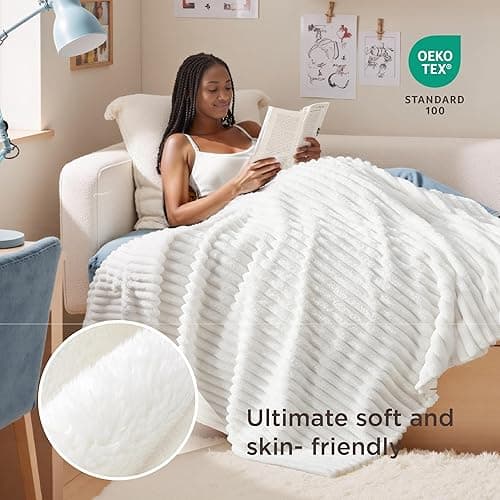 Bedsure GentleSoft White Throw Blanket for Couch - Cozy Blanket for Women, Cute Fleece Throws for Girls, Teacher Gifts Birthday Gifts for Women Men Mom, Room Home Dorm Decor, Off White, 50x60 Inches thumbnail 7