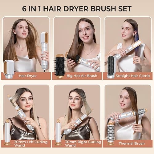6 in 1 Blow Dryer Brush, Curling Wand Hair Air Styling Tools Set, Ionic with Massage Hot Air, Round Thermal Straightener,Left&Right Curling Wand thumbnail 2