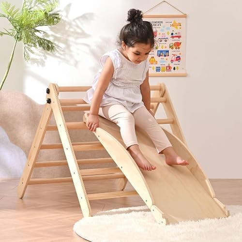 OLLIKIVI Pikler Triangle Set with Cushion, Indoor Climbing Toy Set for Toddlers, Montessori Foldable Indoor Playground, Wodden Jungle Gym with Ramp and Arch Climber for 1-6 Years Old Kids thumbnail 9