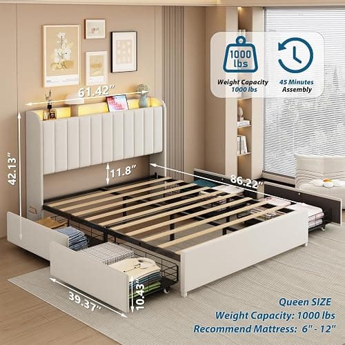 Etditrnp Queen Bed Frame with 4 Storage Drawers, LED Bed Frame with Charging Station, Velvet Channel Tufted Upholstered Headboard, Wood Slats Support Noise-Free, No Box Spring Needed, Beige thumbnail 2