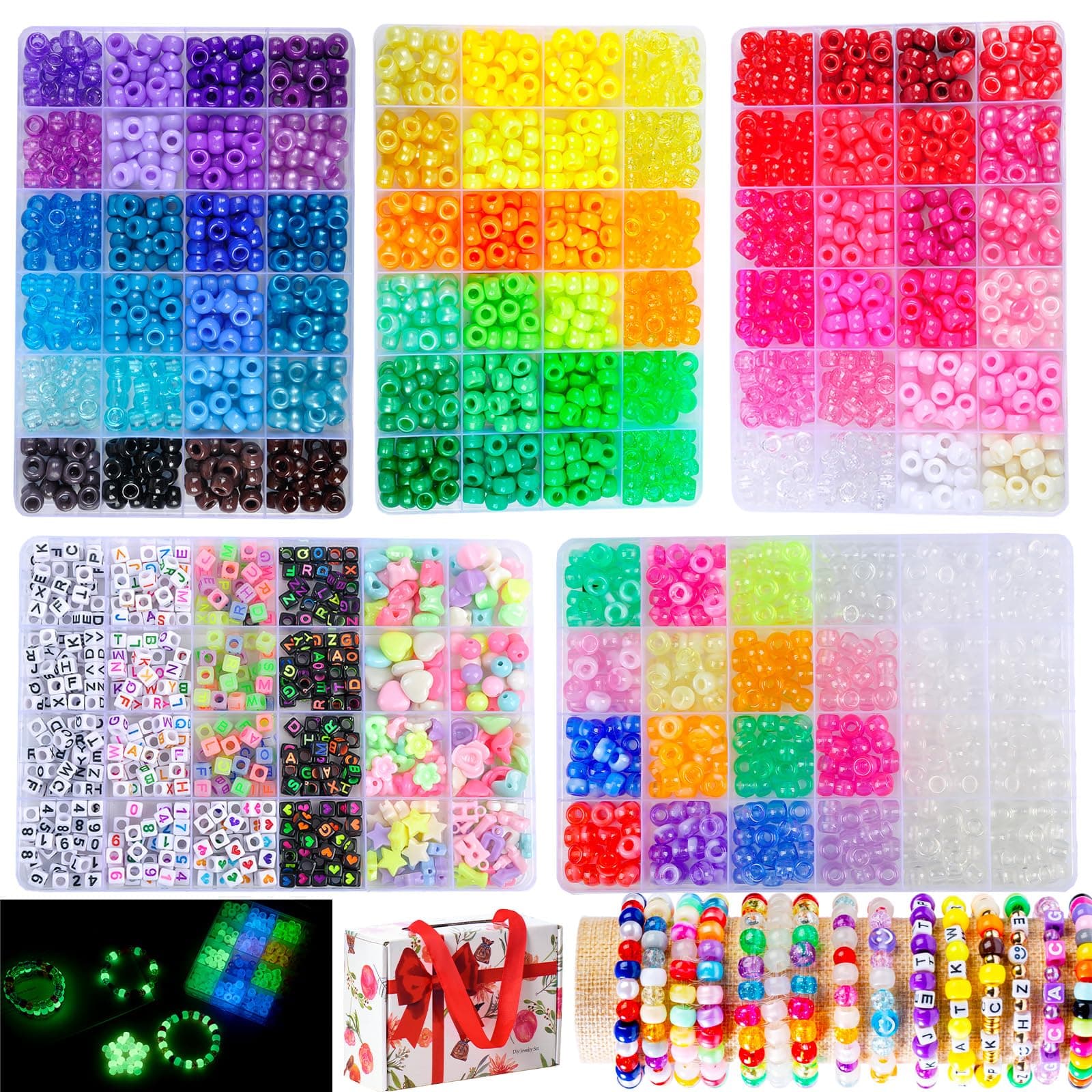 SJZWSD 5 Boxes Bracelet Making Kit Pony Beads, Kandi Beads and Hair Beads Set with UV Color Change, Luminous in the Dark, Chrome and Alphabet Letters for Friendship Jewelry DIY Crafts - Image 1