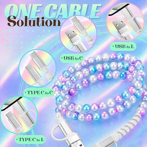 Atsidexa 4-in-1 Beaded Charging Cable, MFi Certified, Works with CarPlay, 3.3FT 60W Fast Charger Cord for iPhone 17/16/15/14/13/12/11, iPad, Samsung, Android and More (Mermaid Glow) thumbnail 2