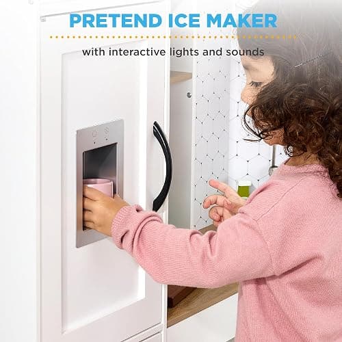 Best Choice Products Pretend Play Corner Kitchen, Ultimate Interactive Wooden Kids Playset w/Lights & Sounds, Ice Maker, Hood - Wht/Brown thumbnail 6