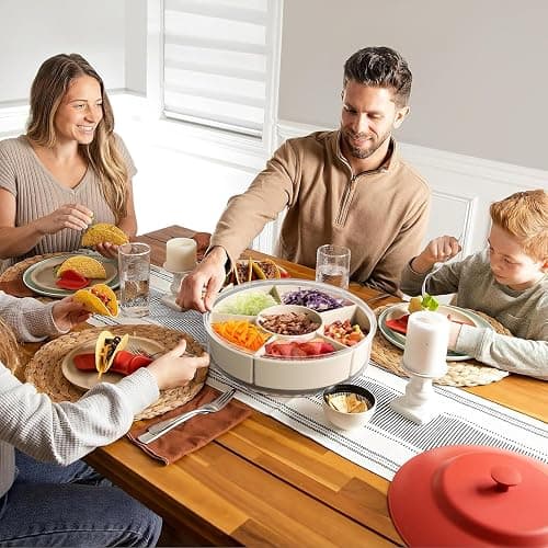 Divided Serving Tray with Lid and Handle,Large Snack Spinner,Snackle Box Container, Multi-purpose Food Platter for Charcuterie Veggie Fruit, Taco Tuesday Movie Night Travel Beach Picnic Essentials - White - 11.4" thumbnail 2