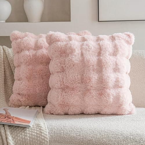 Neelvin Set of 2 Decorative Cushion Covers Thick Plush Wool Pink Throw Pillow Covers 40x40 cm,16x16 Inches Pillowcase Plush fluffy for Couch Livingroom Sofa Bedroom - Image 1