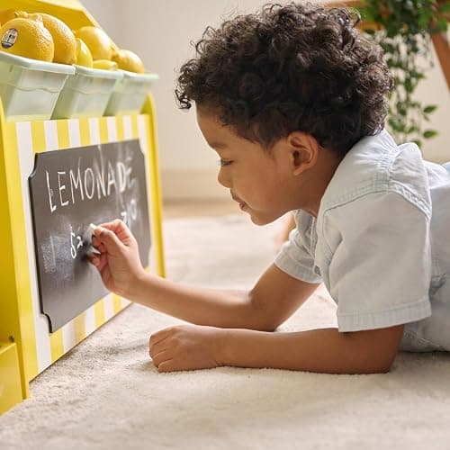 Teamson Kids Wooden Lemonade Stand, Yellow White, Age 3+ | For Toddlers, Pretend Play Grocery Shop, 18 Accessories, Juice Squeezer, Storage Bins thumbnail 7