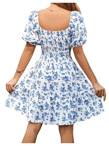 Floerns Women's Boho Square Neck Puff Short Sleeve Self Tie Front A Line Dress thumbnail 2