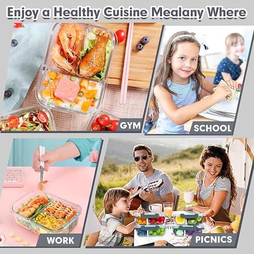 VERONES 5 Pack Glass Meal Prep Containers 3 Compartment Set, 36OZ Airtight Glass Lunch Containers, Glass Food Storage Containers with Lids, for Microwave, Oven, Freezer & Dishwasher Friendly,Grey thumbnail 6