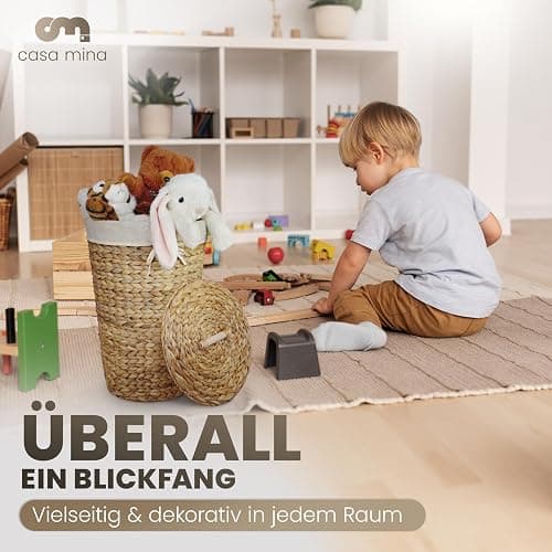 Casa Mina® Wäschekorb mit Deckel | Atmungsaktiver Wäschekorb geflochten aus 100% Naturfaser I Robuster Wäschesammler mit Griffen & waschbarem Innensack I Wäschekörbe (Natur, 30 x 44cm) thumbnail 5