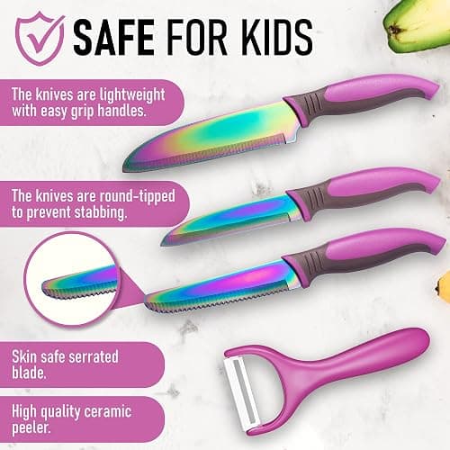 TruChef 5-Piece Kids Knife Set for Real Cooking | Stainless Steel Chef, Paring & Serrated Knives with Peeler & Holder | Safe Junior Chef Cooking Set for Kids (5 pcs, Pink) thumbnail 2