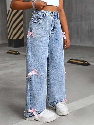 Fulihug Jeans for Girls Baggy Wide Leg Cute Bow High Elastic Waisted Denim Pants Y2K Boyfriend Skater Streetwear 7-14Y thumbnail 3