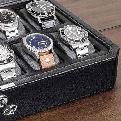ROTHWELL 12 Slot Leather Watch Box for Men - Luxury Case Display Jewelry Organizer with Microsuede Liner - Travel Jewelry Case for Mens Accessories, Travel Organizer (Black & Grey) thumbnail 6
