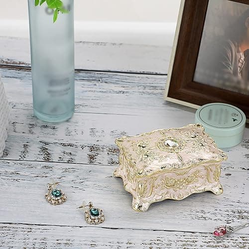 Hipiwe Small Vintage Jewelry Box Decorative Trinket Box, 3.7x 2.7x 2 inch | Enameled Metal Treasure Chest Organizer Rectangular Keepsake Box Case Wedding Christmas Gift for Women thumbnail 2
