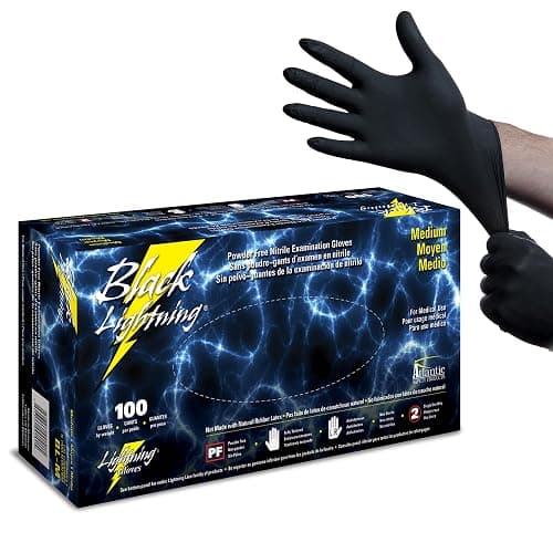 Atlantic Safety Products Black Lightning Exam Gloves, Disposable, Powder-Free Nitrile Gloves, Black, Medium, 100-Ct - Image 1