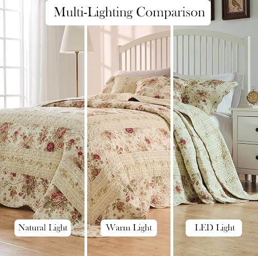 Greenland Home Antique Rose Jumbo Oversized 100% Cotton Bedding Set, Bedspread 110 W x 118 L with 2 Shams 20 W x 26 L Each, Queen (3 Piece), Ecru thumbnail 4