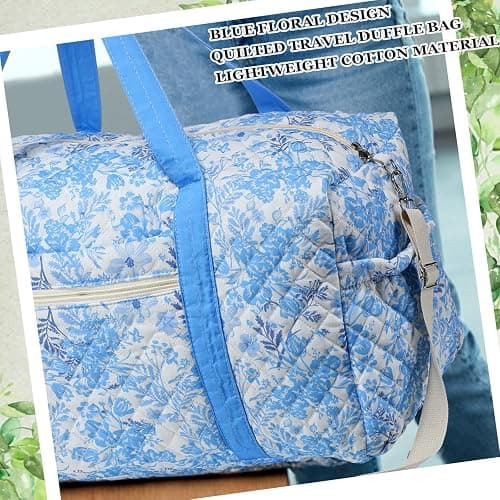 Dansydaisy Large Quilted Travel Duffle Bag for Women Floral Portable Gym Weekender Bag with Zipper Pockets Workout Grocery Pouch Duffle Gift Pouch for Christmas Work(Blue Floral) thumbnail 4