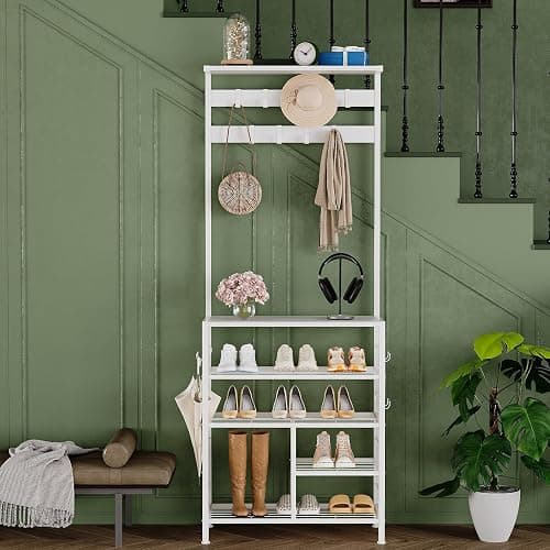 GiftGo Modern White Large 5-Tier Hall Tree Entryway Wooden Shoes Rack Shelf Coat Rack with Movable 9 Metal Hooks Storage Organizer for Home Office Bedroom Mudroom Living Room thumbnail 4