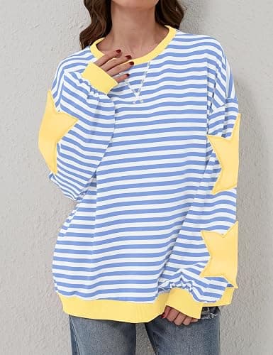 TERIVEEK Women Oversized Striped Color Block Long Sleeve Crew Neck Sweatshirt Casual Loose Pullover Y2K Shirt Top thumbnail 5