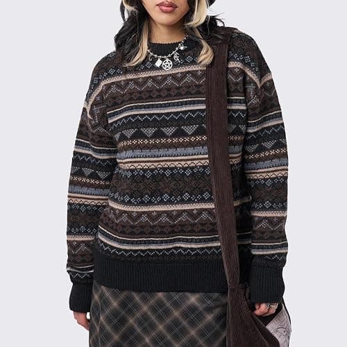 Women Y2K Argyle Striped Pullover Sweater Casual Long Sleeve Round Neck Vintage Preppy Style Pullover Knitwear thumbnail 2