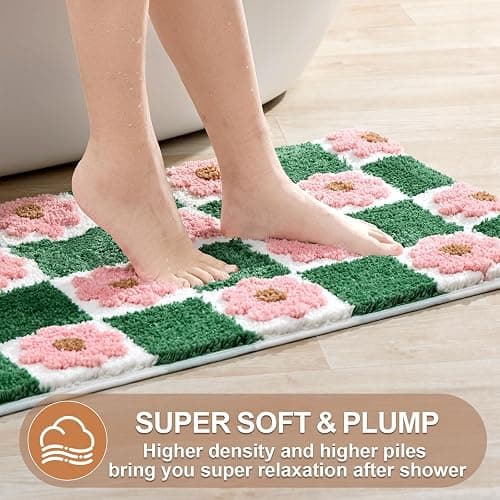 ORTIGIA Cute Green Bathroom Rug Checkered Pink Floral Bath Mat Soft Microfiber Non Slip Washable Absorbent Rugs for Laundry Sink Floor Decor, 20x32 inch thumbnail 3