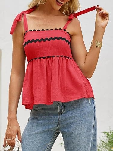 Tankaneo Womens Cute Tank Tops Summer Casual Peplum Babydoll Square Neck Tie Strap Backless Shirts thumbnail 2