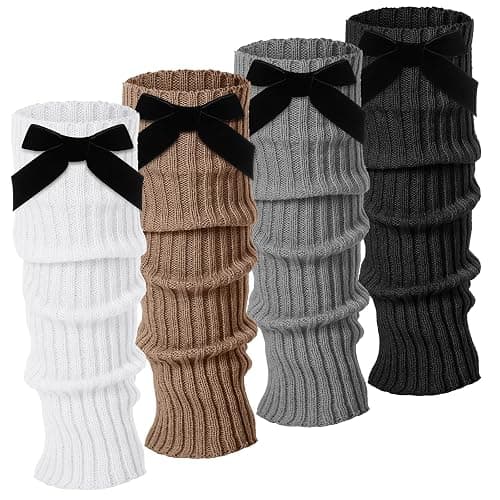 Geyoga 4 Pairs Winter Velvet Bow Leg Warmers for Women Warm Leg Warmer Kawaii 80s Y2k Coquette Japanese Knitted Boot Socks - Image 1