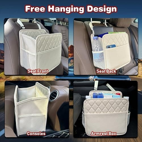 Witaxima Upgrade Car Seat Organizer Backseat with Storage Pockets, Multipurpose Car Organizer Hanging, Car Trash Bag Can,Premium PU Leather Garbage Can 2.14 Gallon Large Capacity Accessories Beige thumbnail 5
