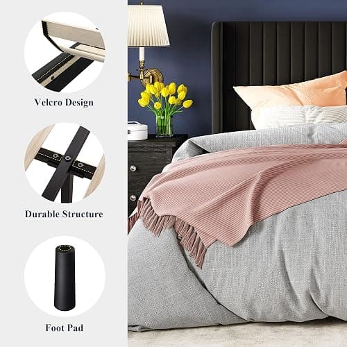 Allewie Full Size Velvet Bed Frame/Vertical Channel Tufted Wingback Headboard/Upholstered Platform Bed/Strong Wooden Slats/No Box Spring Needed/Easy Assembly/Black thumbnail 7