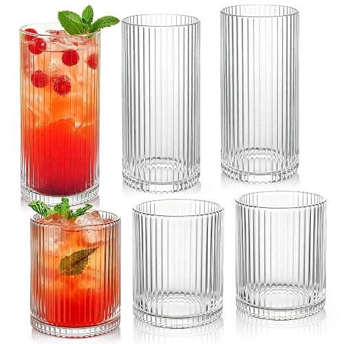 Lumkit Ribbed Drinking Glasses 6pcs, 12oz and 10oz Glassware, Tumbler Glasses Cup Set for Wedding, Party, Christmas Gift, Clear - Image 1
