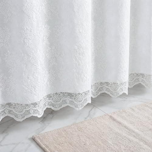 Nesphy Lace Shower Curtain with Liner Set, White 3-in-1 Shower Curtain with Attached Valance, Floral Vintage Sheer Scalloped French Country Bathroom Decor, Includes 12 Stainless Steel Hooks, 72 x 72 thumbnail 6