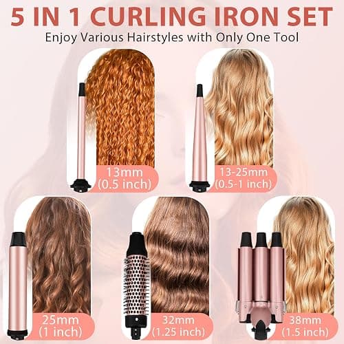 5 in 1 Curling Iron Set, 3 Barrel Curling Iron Set with Curling Brush (1.5 inch),4 Interchangeable Ceramic Curling Wand (0.5-1.25"), Instant Heat Up, 2 Temps Setting, with Comb & Glove & 2 Hair Clips thumbnail 2