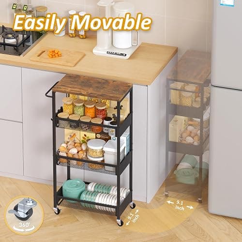 9.1" Wide Slim Rolling Utility Cart, 4 Tier Metal Narrow Storage Cart with Handle and Wood Top, Multifunctional Small Mobile Shelf Unit Organizer Trolley for Laundry, Bathroom, Kitchen thumbnail 3
