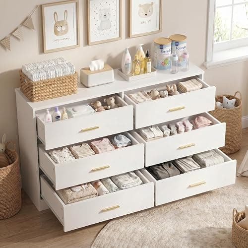 47" Modern White Dresser for Bedroom, 6 Drawer Dresser with Gold Handles | Gabeteros Para Dormitorios Wooden Dresser for Nursery,Kid,Girls Bedroom thumbnail 4