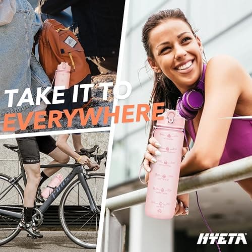 Hyeta Plastic Water Bottle With Straw & Time Marker, 32oz Leakproof Jug | Motivational Tritan BPA Free Gym Office Outdoor Intake Tracker Hourly Reminder Straw Lid Lightweight thumbnail 7