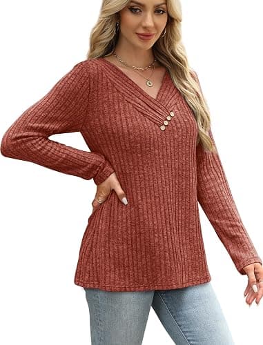 SAMPEEL Sweaters for Women Long Sleeve Shirts V Neck Tops with Buttons Fall Fashion Outfits Winter Clothing 2025 thumbnail 4