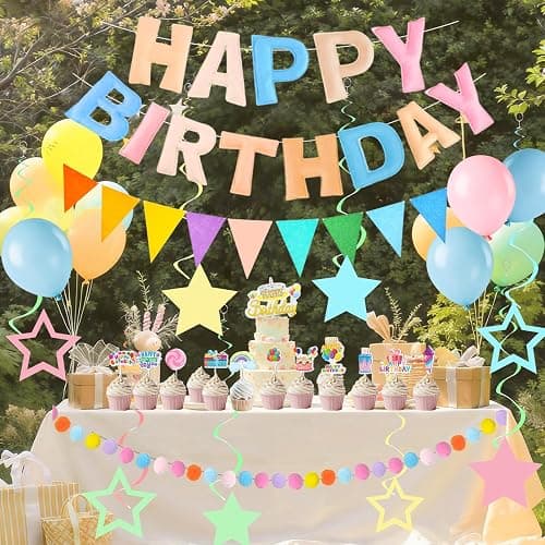 Pre-Strung 3D Felt Happy Birthday Banner Decorations, Macaron Color Birthday Decorations Felt Pom Pom Garland Triangle Fabric Banner Balloons Hanging Swirl Cake Toppers For Girls Boys Women Men Handmade Reusable Birthday Decorations Supplies thumbnail 2